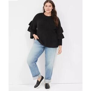 LANE BRYANT Black Tiered 3/4-Sleeve Soft Stretchy RIBBED CREW NECK Sweater 18/20
